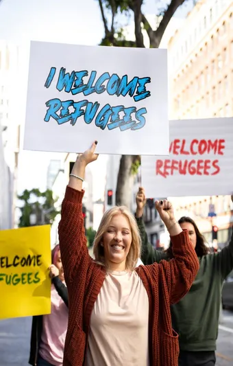Calgarians holding welcome signs for refugees arriving in Alberta